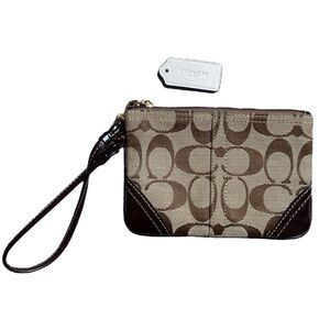 Coach Signature C Brown Coin Cash Wristlet Wallet W/ White Leather Fob Key Chain